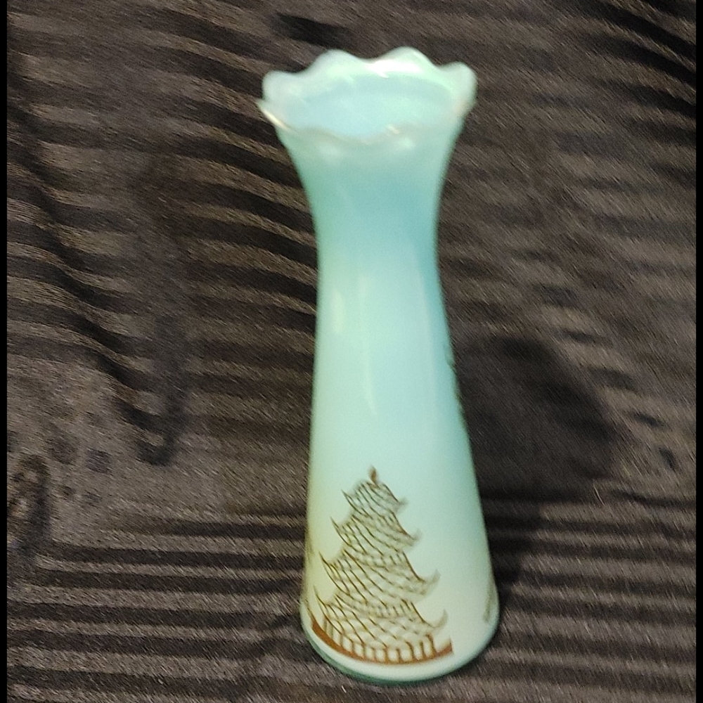 Mid century aqua glass flower vase- Asian look,